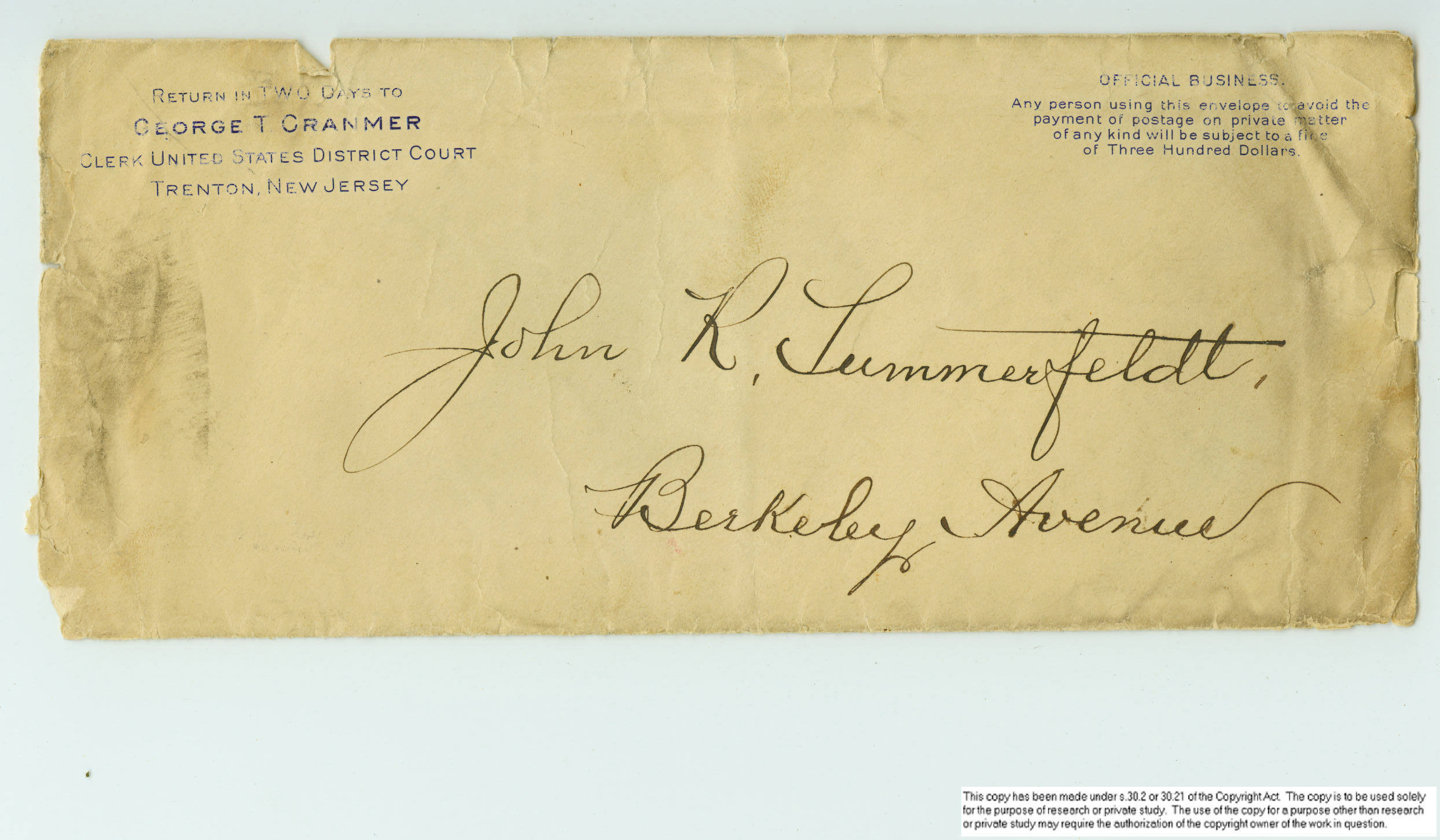 Summerfeldt papers Doc. 27 (envelope).jpg